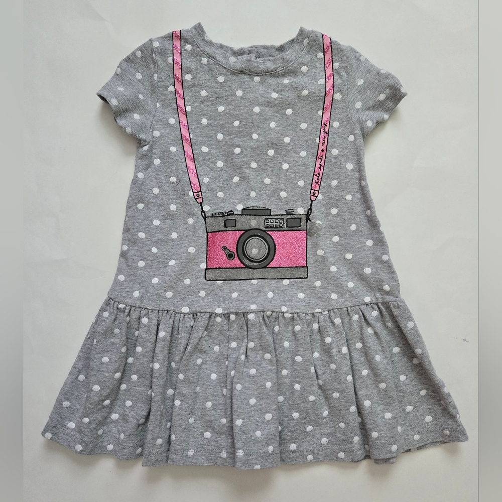 kate spade Girls Gray Polka Dot Dress with Pink Camera Graphic